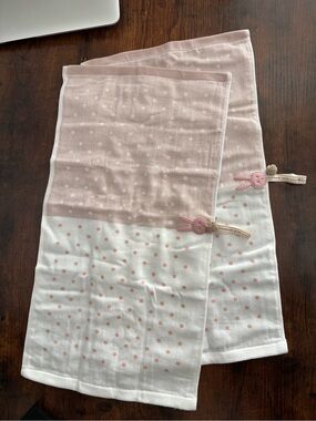 Hand Towels Set of 2, 100% Cotton, Pink Polka Dot, Handmade Bunny Accent